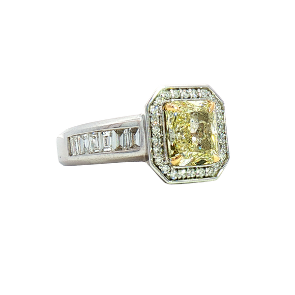 Elegant Diamond Engagement Rings 18K White & Yellow Gold Radiant Cut 2.00 Carats Fancy Yellow Diamond & 0.60 Carats Round & Baguette Diamond Halo Ring