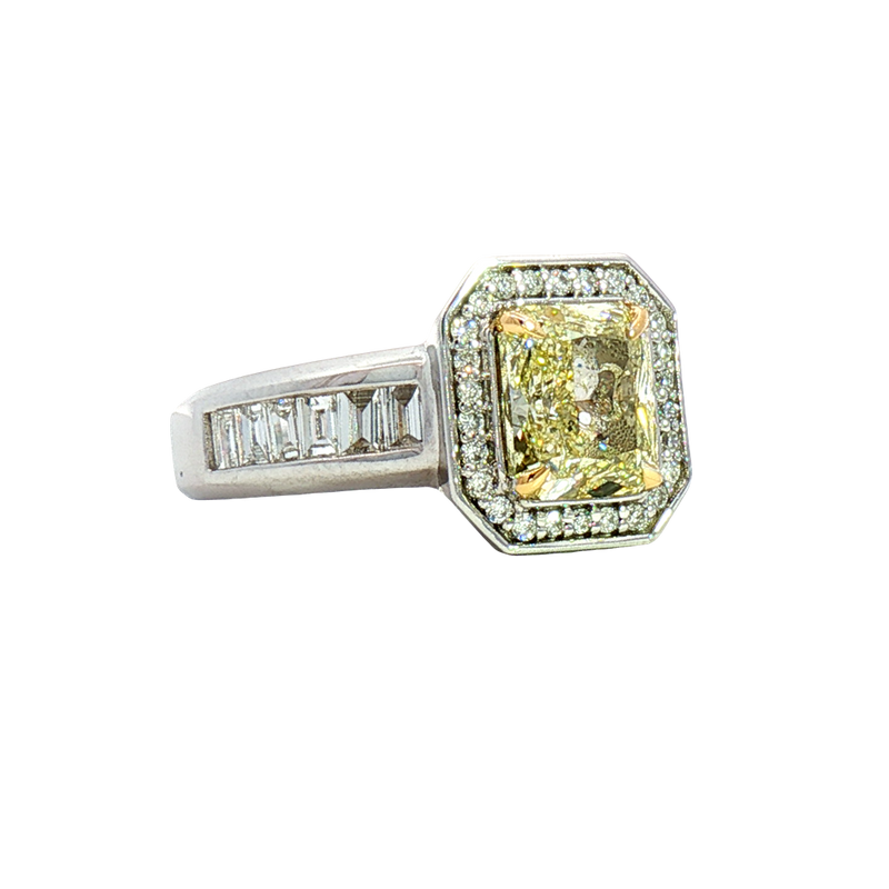 Elegant Diamond Engagement Rings 18K White & Yellow Gold Radiant Cut 2.00 Carats Fancy Yellow Diamond & 0.60 Carats Round & Baguette Diamond Halo Ring