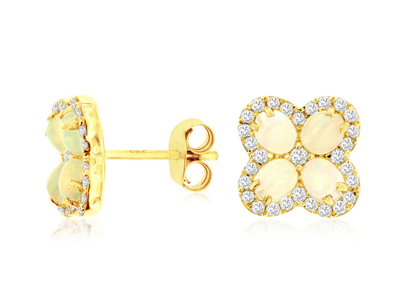Yellow 14 Karat Gold 1.10 Carats Opal & 0.35 Carats Diamond Stud Earrings