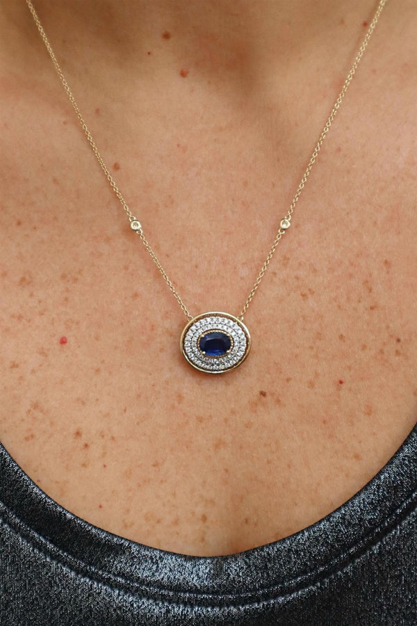 Vibrant Colored Stone Necklaces 14K Gold Yellow & White 1.26 Carats Sapphire & 0.44 Carats Diamond Necklace, 18 Inch