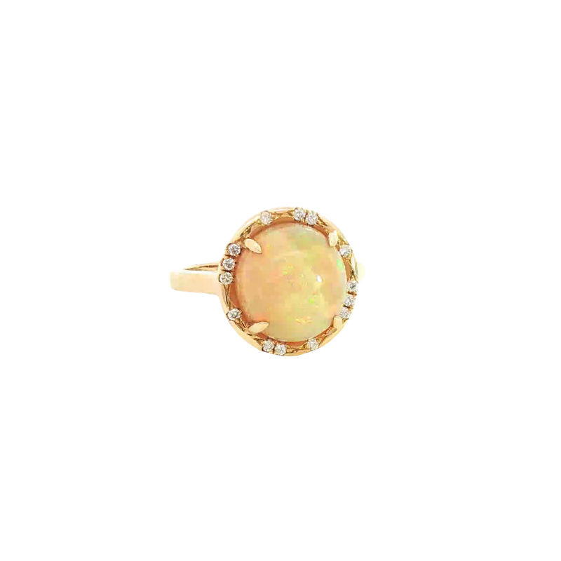 Bold & Elegant 18K Yellow Gold  Cabochon Cut 4.24 Carats Opal & 0.11 Carats Diamond Halo Ring