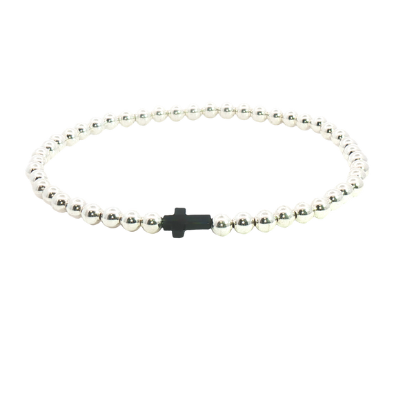 White Sterling Silver 4 MM Bead & Black Onyx Cross Bracelet - 8 Inch