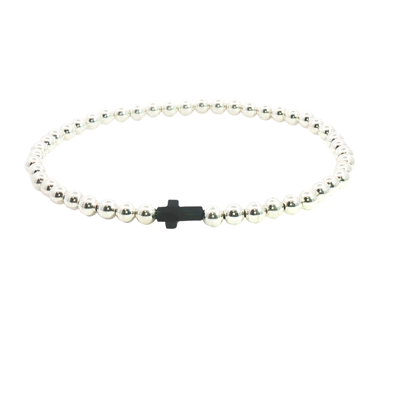 White Sterling Silver 4 MM Bead & Black Onyx Cross Bracelet - 8 Inch