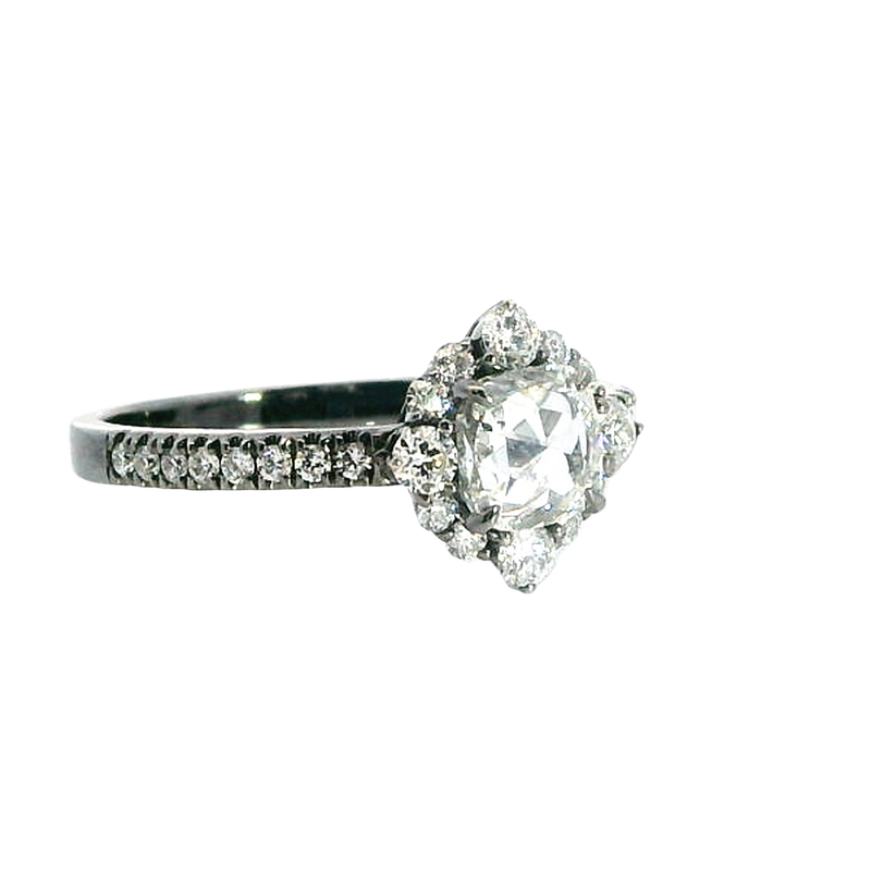 Contemporary 18K White Gold Halo With Gun Metal Finish 0.96 Carats Diamond Ring