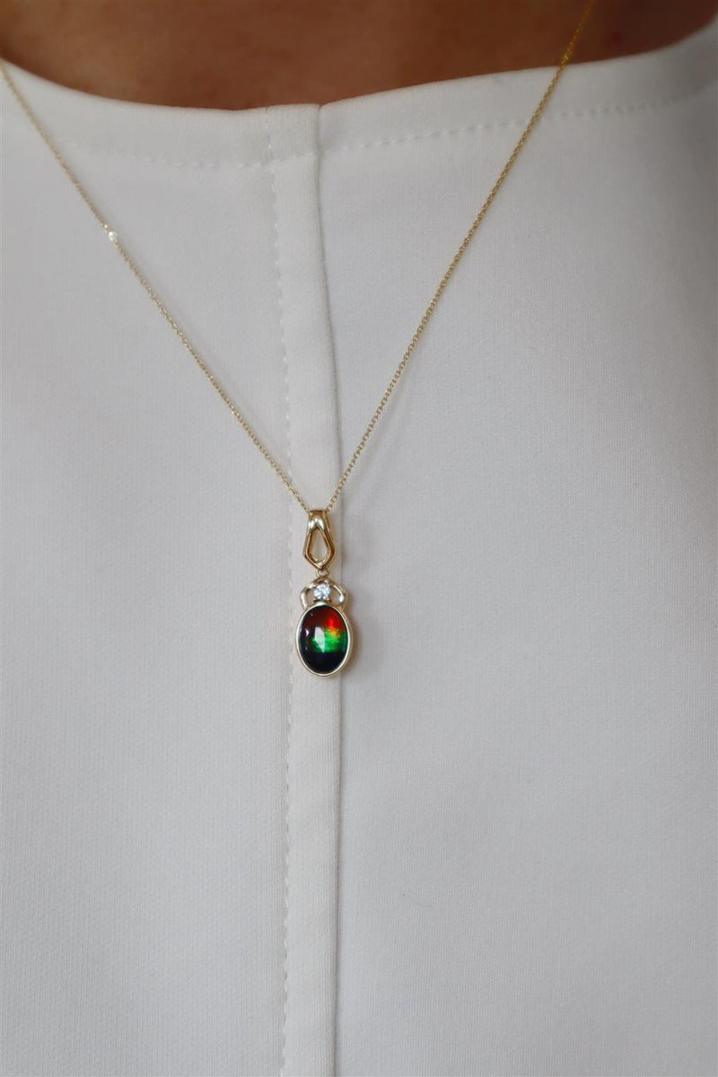 Vibrant 14K Yellow Gold Oval Cut 1.29 Carats Ammolite & 0.03 Carats Diamond Drop Necklace, 18 inch