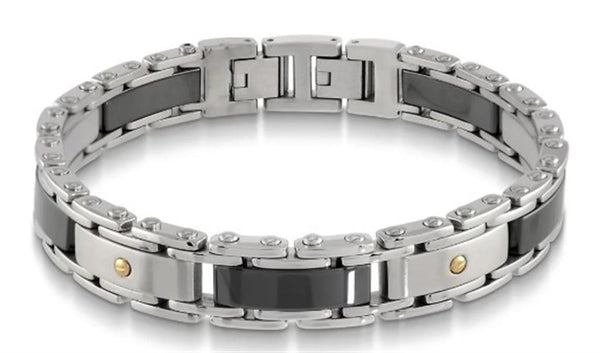 Bold & Stylish Alternative Metal Bracelets - Stainless Steel and Black Ceramic Watch Link Bracelet with 18K Yellow Gold Accents, 8.5 Inch