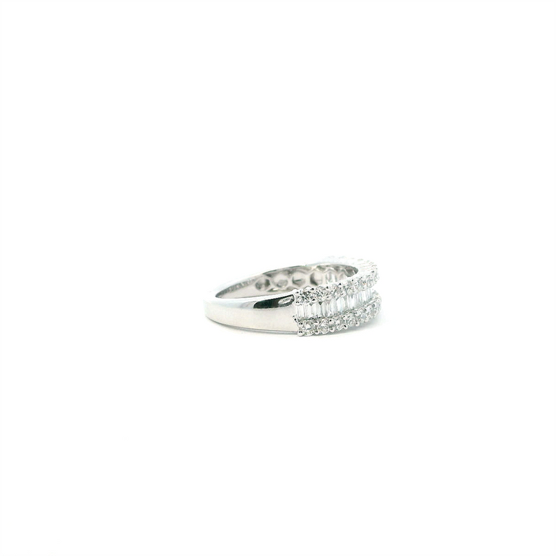 14K White Gold Anniversary Diamond Ring, 1.00ctw Various Shapes, Two Rows of Round Diamonds with Baguette Center