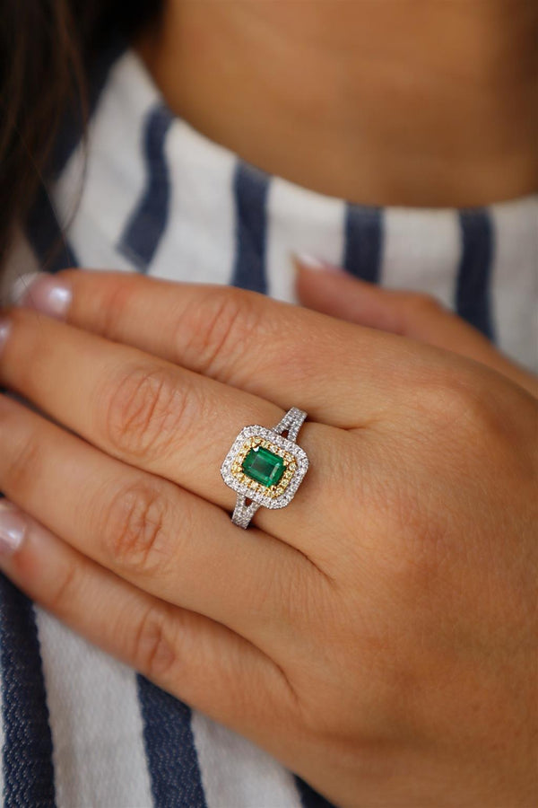 Elegant & Trendy 18K White & Yellow Gold 0.51 Carat Emerald & 0.43 Carat Yellow & White Diamond Double Halo Ring