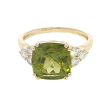 Bold & Elegant 14K Yellow Gold Cushion Cut 4.20 Carats Peridot & 0.45 Carats Diamond Ring