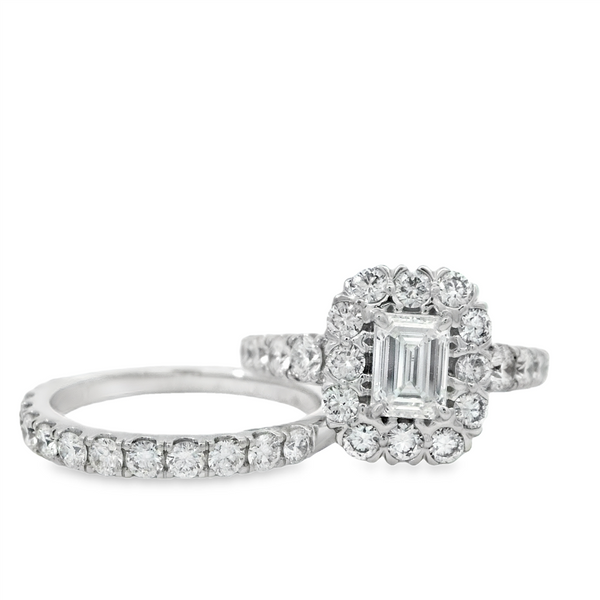 White 14 Karat Gold Lab-Grown 2.5 Carats Emerald Cut Diamond Halo Wedding Set