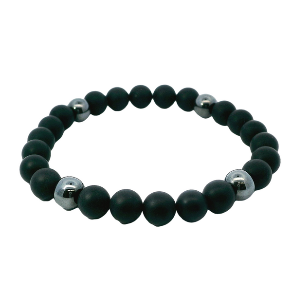 Matte Black Agate & Hematite Bead Stretch Bracelet, 8 Inches