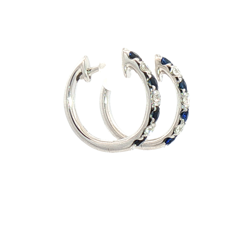 Vibrant Color Stone 18K White  Gold 0.45 Carats Blue Sapphire & 0.24 Carats Diamond Small Hoop Earrings