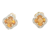 Vibrant Color Stone 14K Yellow Gold Quatrefoil Cut 0.85 Carats Citrine & 0.10 Carats Diamond Stud Earrings