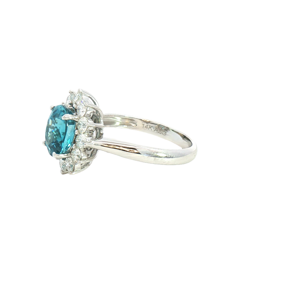 Bold & Elegant 14K White Gold Oval Cut 3.37 Carats Blue Zircon & 0.87 Carats Diamond Halo Ring