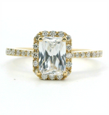 Elegant Diamond Mountings 18K Gold Yellow Halo Emerald Cut 7x5MM Cubic Zirconia & Diamond Engagement Ring  - 0.26 Carats Accent Diamonds