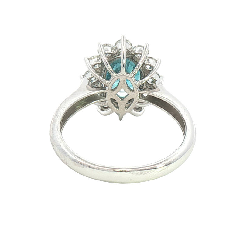 Bold & Elegant 14K White Gold Oval Cut 3.37 Carats Blue Zircon & 0.87 Carats Diamond Halo Ring