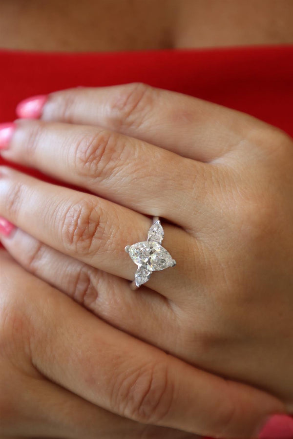 14K Gold White Lab Grown Diamond 3 Stone 2.0 Carats Marquise & 0.68 Carats Pear Cut Engagement Ring -  2.68 CTW Diamond