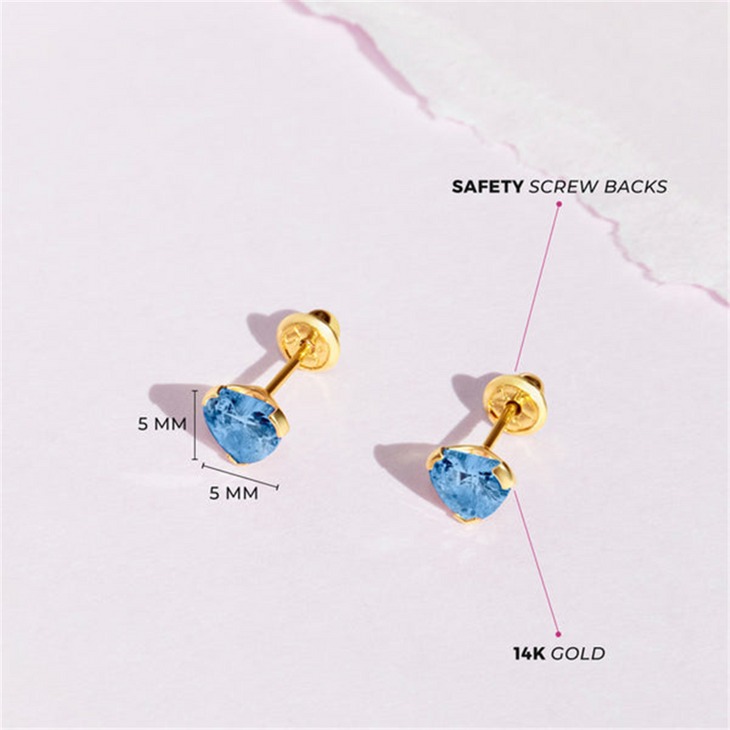 14K Yellow Gold March Birthstone Blue CZ Heart Earrings For Children