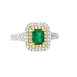 Elegant & Trendy 18K White & Yellow Gold 0.51 Carat Emerald & 0.43 Carat Yellow & White Diamond Double Halo Ring