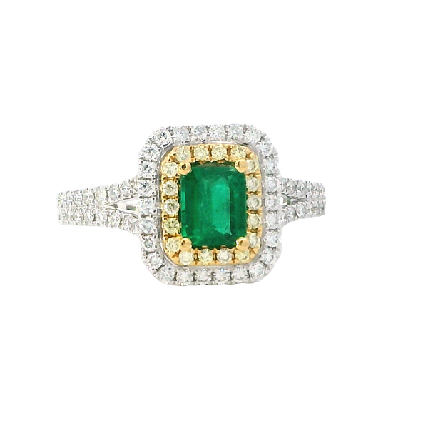 Elegant & Trendy 18K White & Yellow Gold 0.51 Carat Emerald & 0.43 Carat Yellow & White Diamond Double Halo Ring