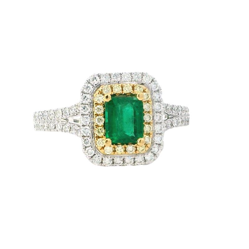 Elegant & Trendy 18K White & Yellow Gold 0.51 Carat Emerald & 0.43 Carat Yellow & White Diamond Double Halo Ring