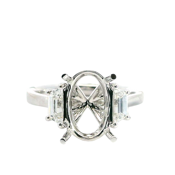 Elegant Diamond Mountings 18K Gold White 11.5x7.5MM Oval 3 Stone Engagement Ring - 0.41 Carats Trapezoid Accent