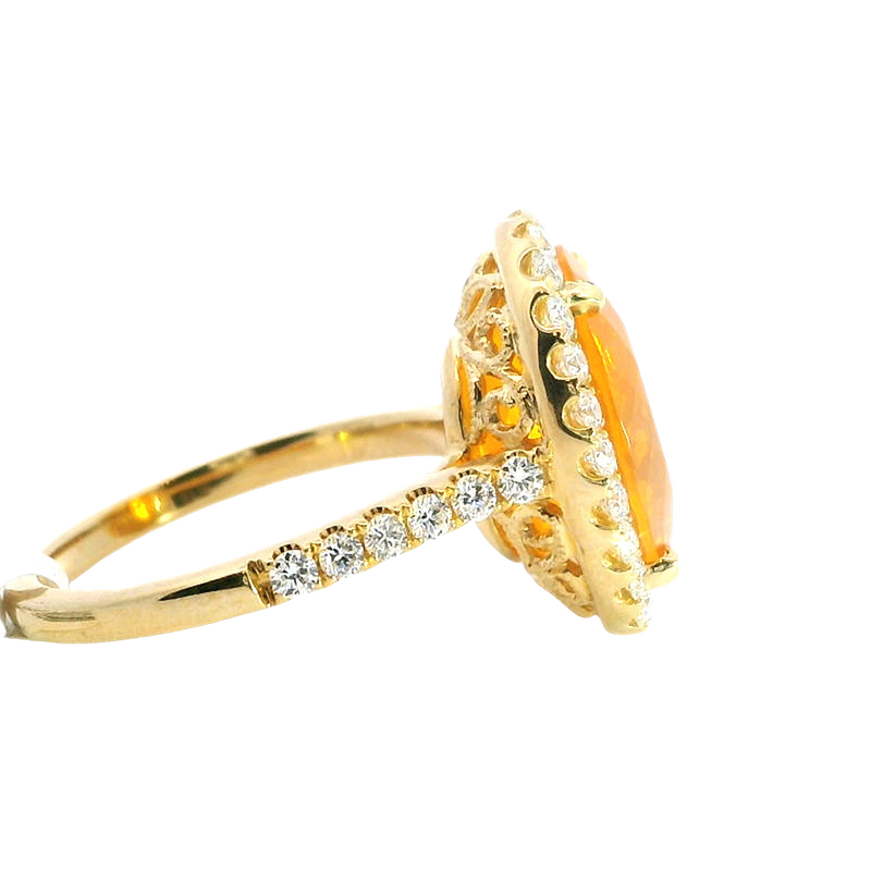 Elegant & Trendy 18K Yellow Gold 3.78 Carats Orange Fire Opal & 0.69 Carats Diamond Halo Ring