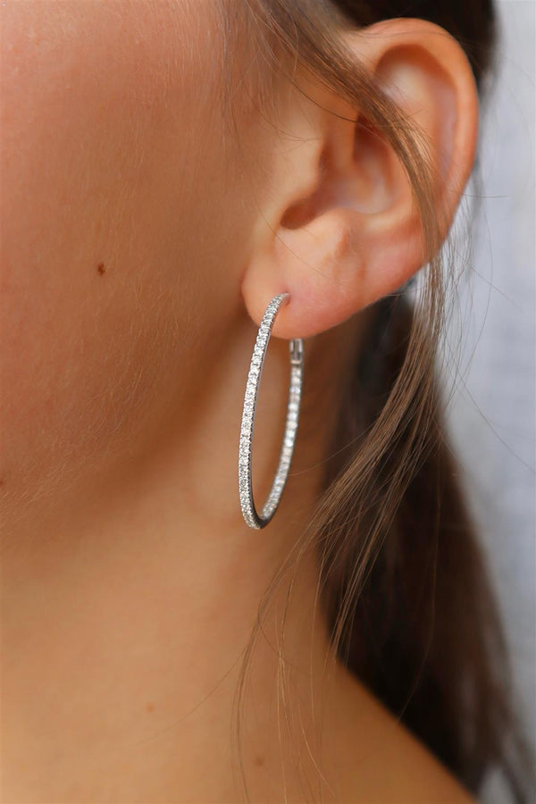Classic & Contemporary 18K White Gold 1.23 Carats Diamond Inside Out 1 1/2 Inch Large Hoop Earrings