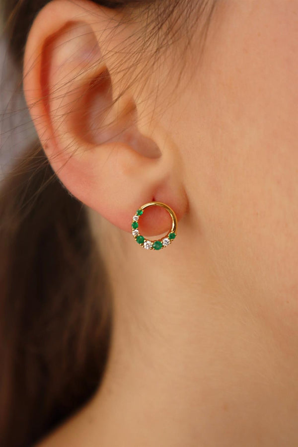 Vibrant Color Stone 18K Gold Yellow 0.26 Carats Emeralds & 0.19 Carats Diamonds Small Hoop Earrings
