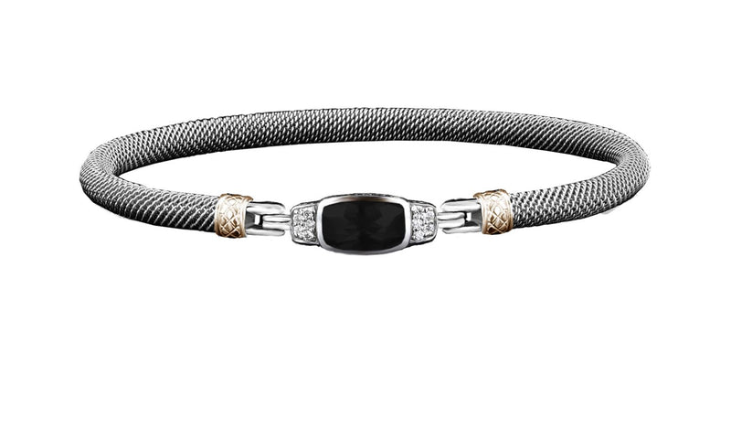 Two-Toned Sterling Silver Black Onyx & 0.10 Carats Diamond Bangle Bracelet