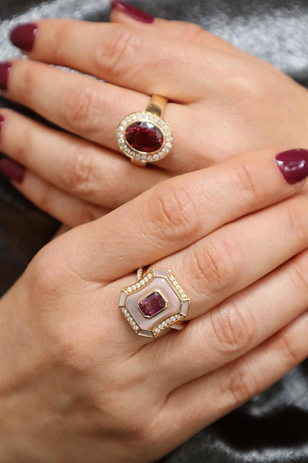 Bold & Elegant 18K Yellow Gold Emerald Cut 1.0 Carat Natural Pink Unheated Sapphire, Mother of Pearl & 0.27 Carats Diamond Double Halo Ring