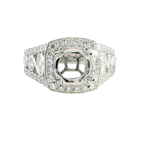 Elegant Diamond Mountings 18K White Gold 1.50 Carats Round Diamond Halo Semi Mount Ring - 1.32 Carats Diamond Weight