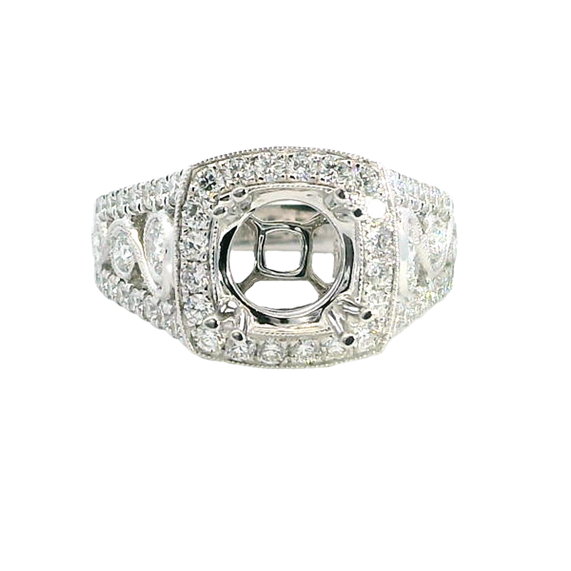 Elegant Diamond Mountings 18K White Gold 1.50 Carats Round Diamond Halo Semi Mount Ring - 1.32 Carats Diamond Weight