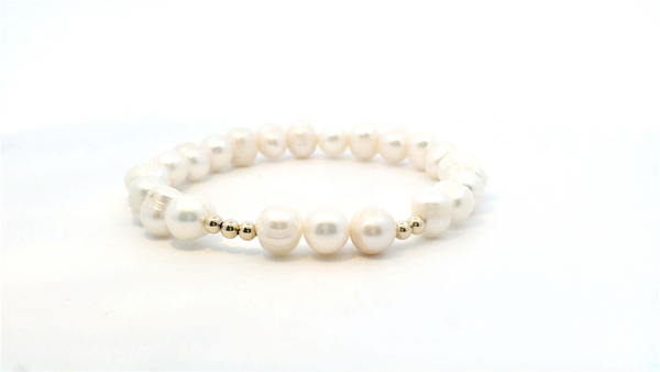 Elegant Pearl 8mm & Gold Filled Bead Stretch Bracelet, 7.5 Inch