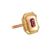 Bold & Elegant 18K Yellow Gold Emerald Cut 1.0 Carat Natural Pink Unheated Sapphire, Mother of Pearl & 0.27 Carats Diamond Double Halo Ring