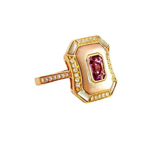 Bold & Elegant 18K Yellow Gold Emerald Cut 1.0 Carat Natural Pink Unheated Sapphire, Mother of Pearl & 0.27 Carats Diamond Double Halo Ring
