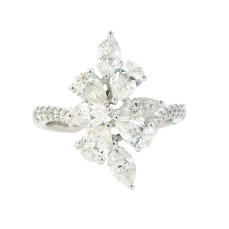 Elegant & Trendy 18K White Gold Marquise, Pear & Round 2.16 Carat Diamond Ring