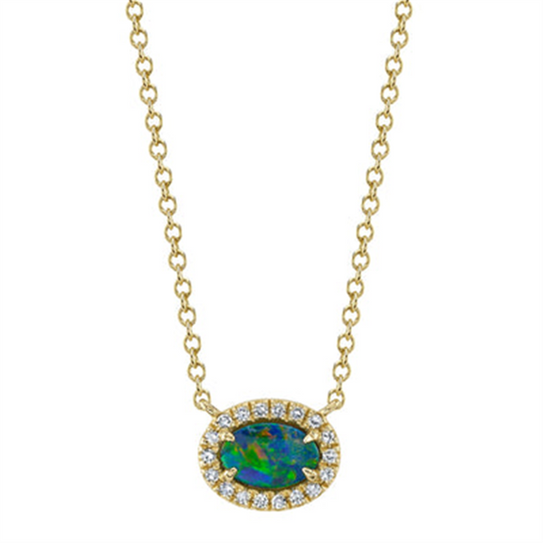 Vibrant Colored Stone Necklaces 14K Yellow Gold 0.33 Carats Opal & 0.05 Carats Diamond Halo Necklace - 18 Inch