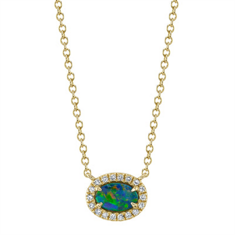 Vibrant Colored Stone Necklaces 14K Yellow Gold 0.33 Carats Opal & 0.05 Carats Diamond Halo Necklace - 18 Inch