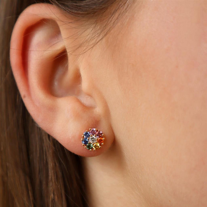 Vibrant Color Stone 18K Rosé Gold 1.04 Carats Multi Color Fancy Sapphire & 0.22 Carats Diamond Stud Earrings