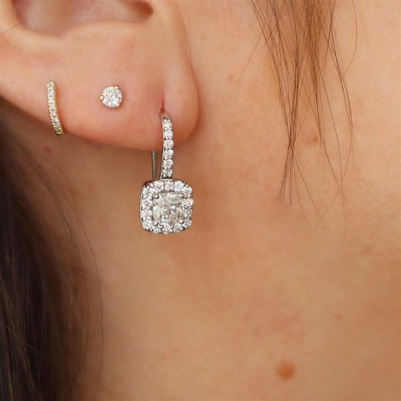 Classic & Contemporary 14K Gold White 2.17 Carats Total Weight Cushion & Round Diamond Dangle Earrings