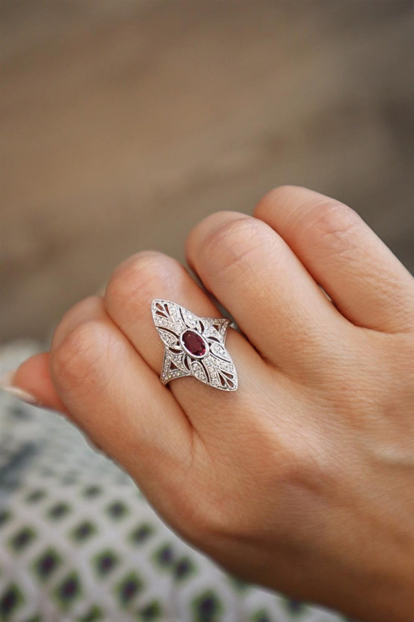 Bold & Elegant 18K White Gold 0.51 Carat Oval Cut Ruby & Art Deco Inspired Diamond Halo Ring