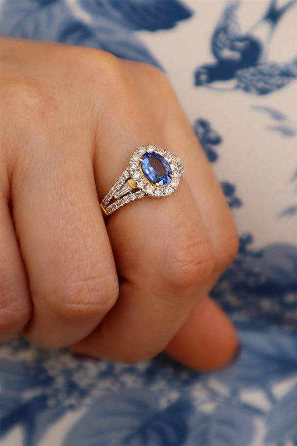 Bold & Elegant 14K Yellow Gold 1.34 Carats Ceylon Blue Sapphire & 0.86 Carats Baguette & Round Halo Ring