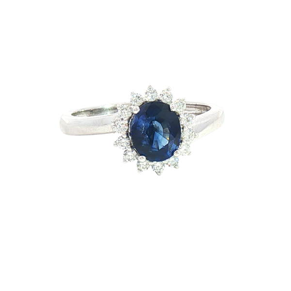 Bold & Elegant 14K White Gold Oval Cut 1.16 Carats Blue Sapphire & 0.23 Carats Diamond Halo Ring