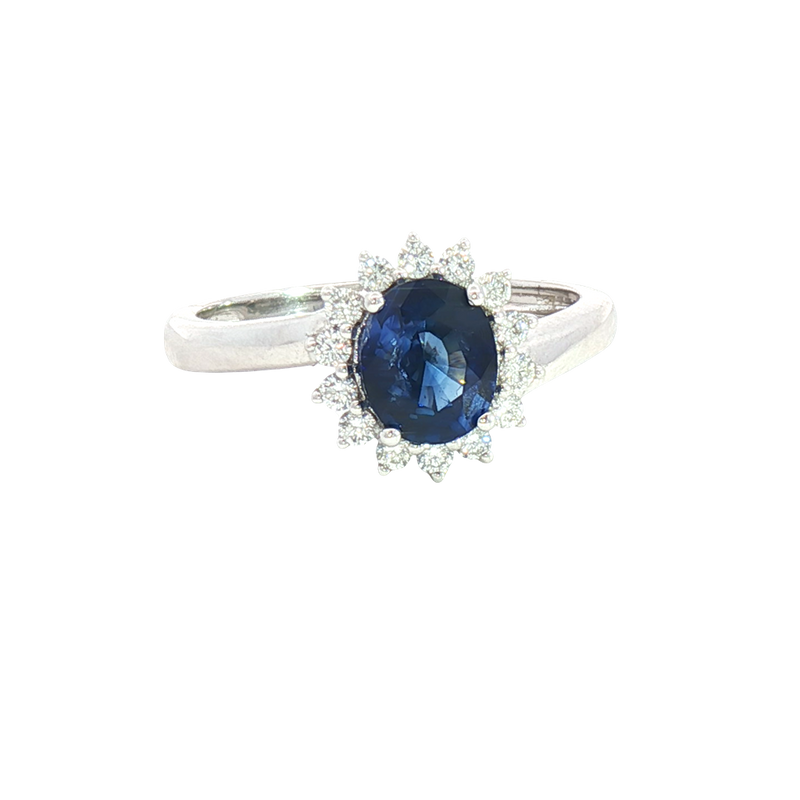Bold & Elegant 14K White Gold Oval Cut 1.16 Carats Blue Sapphire & 0.23 Carats Diamond Halo Ring