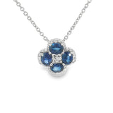 Vibrant Colored Stone Necklaces 18K White Gold 0.90 Carats Blue Sapphires & 0.12 Carats Diamond Halo Clover Motif Necklace - 18 Inch