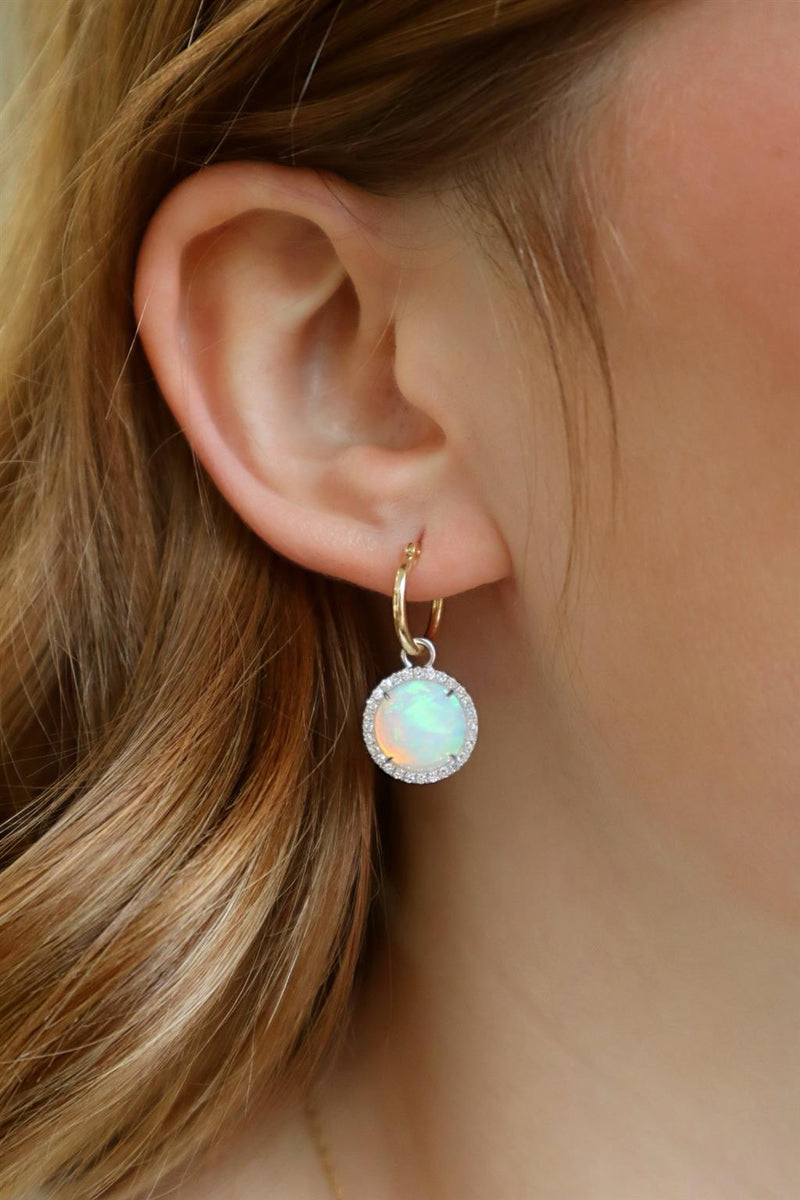 Vibrant Color Stone 14K Yellow & White Gold 4.92 Carats Opals & 0.34 Carats Diamond Halo Dangle Earrings