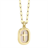 Vibrant Colored Stone Necklaces 14K Yellow Gold 0.95 Carats Mother Of Pearl & 0.11 Carats Diamond Halo & Cross Necklace, 18 Inch