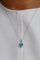 Vibrant Colored Stone Necklaces 14K White Gold Heart Shaped 1.55 Carats Blue Aquamarine & 0.14 Carats Diamond Halo Necklace, 18 Inch
