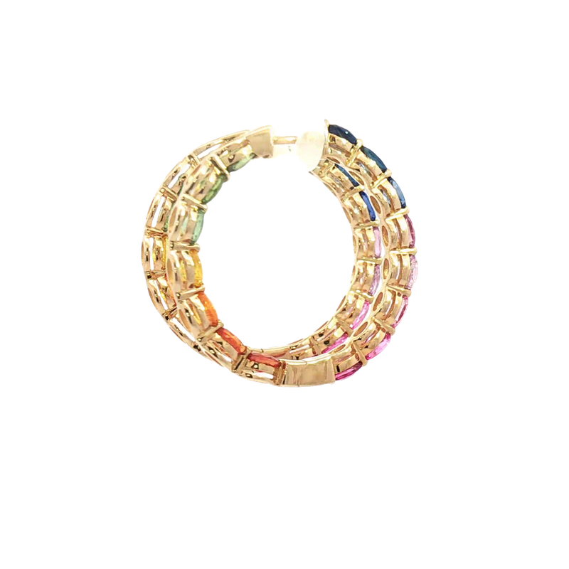 Vibrant Color Stone 14K Yellow Gold Oval Cut 6.78 Carats Multi Colored Sapphire Large Hoop Earrings